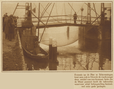 872342 Afbeelding van het vissen met een kruisnet vanaf de Abel Tasmanbrug over de Leidsche Rijn te Utrecht.